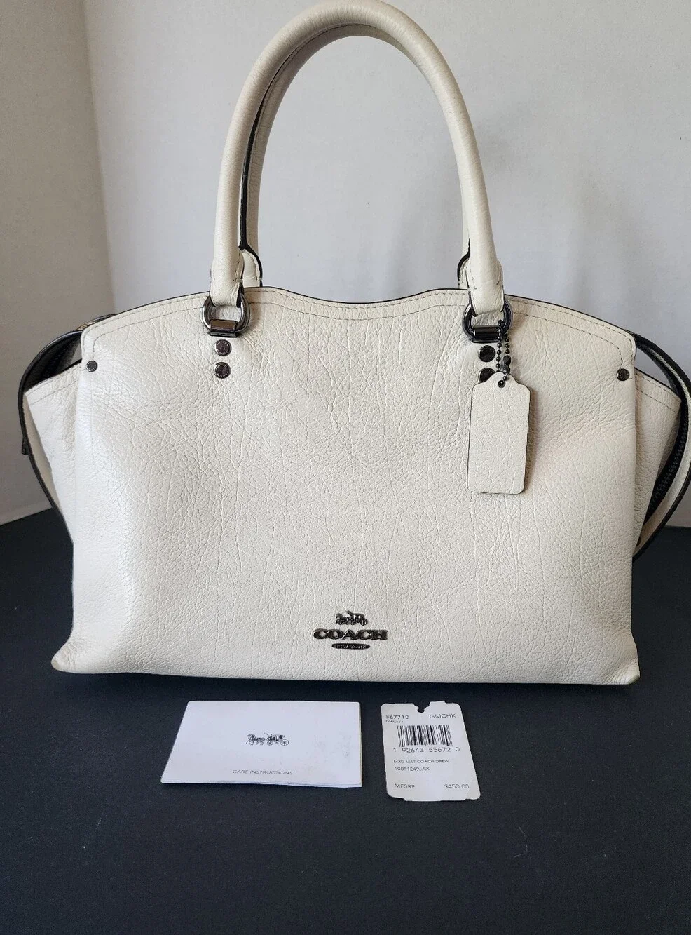 SALE! Coach Off-White Pebbled Leather Satchel with Dark Trim and Silver Hardware